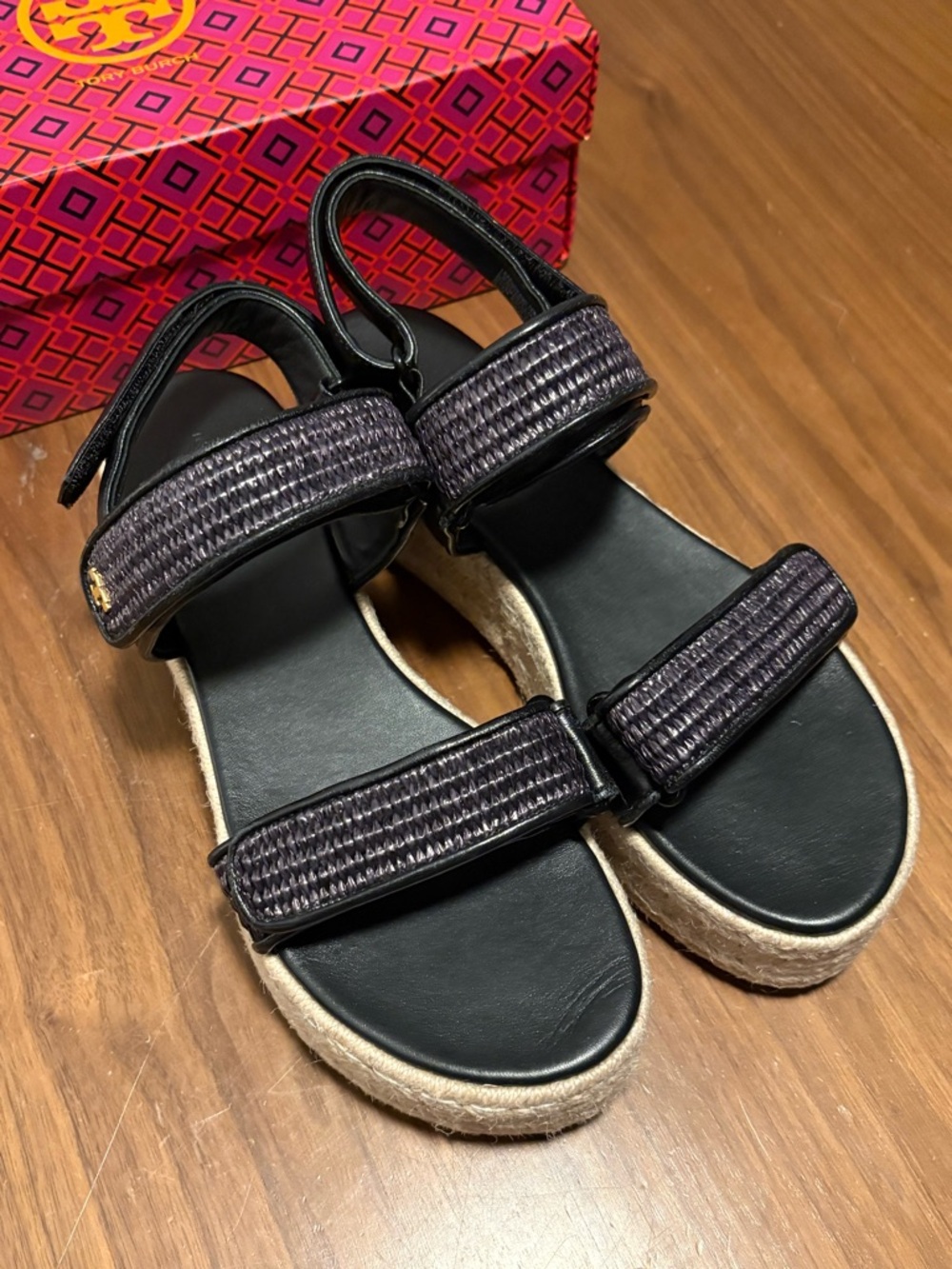 Tory Burch Black Woven-Strap Espadrille Platform Sandal